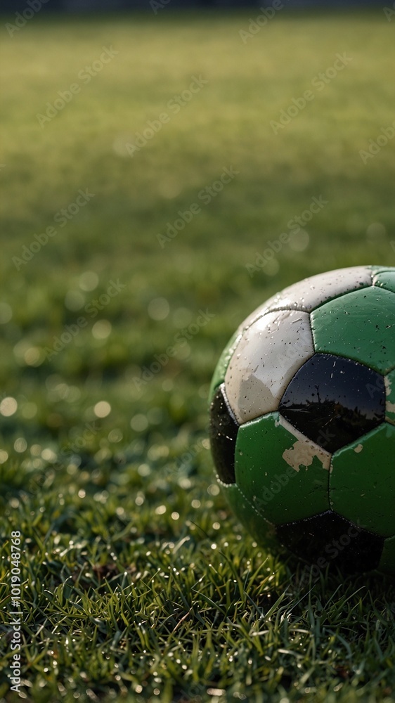 Fototapeta premium Close-up cinematic and bokeh shot of soccer ball on green soccer field