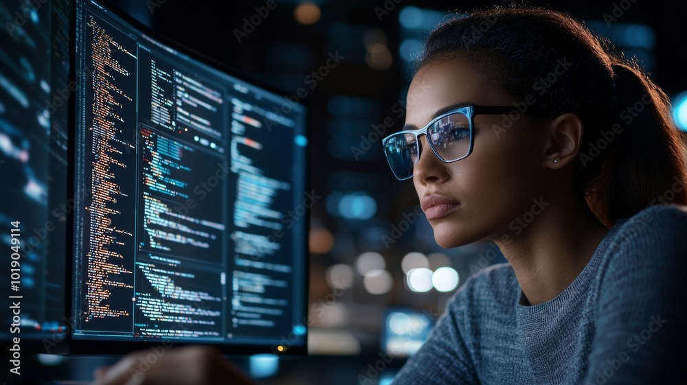 Focused young woman coding at night in a modern workspace with multiple screens displaying programming languages Focused young woman coding at night in a modern workspace with multiple screens displaying programming languages