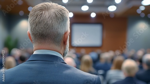 A business leader observes a conference audience during a presentation in a modern corporate setting