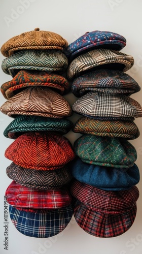 Assorted classic wool newsboy caps displayed in various colors and patterns on a white background