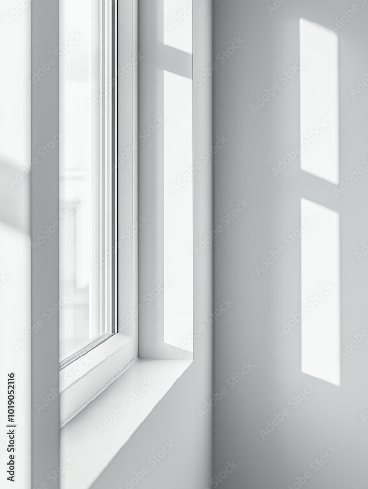 Fototapeta premium A beautifully serene minimalist setting showcasing a potted plant on the table and soft light gracefully illuminating a white wall