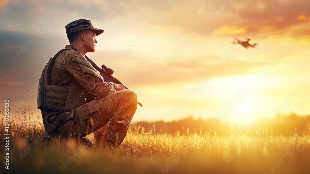 Soldier observing sunset while monitoring drone activity in open field during military operation Soldier observing sunset while monitoring drone activity in open field during military operation