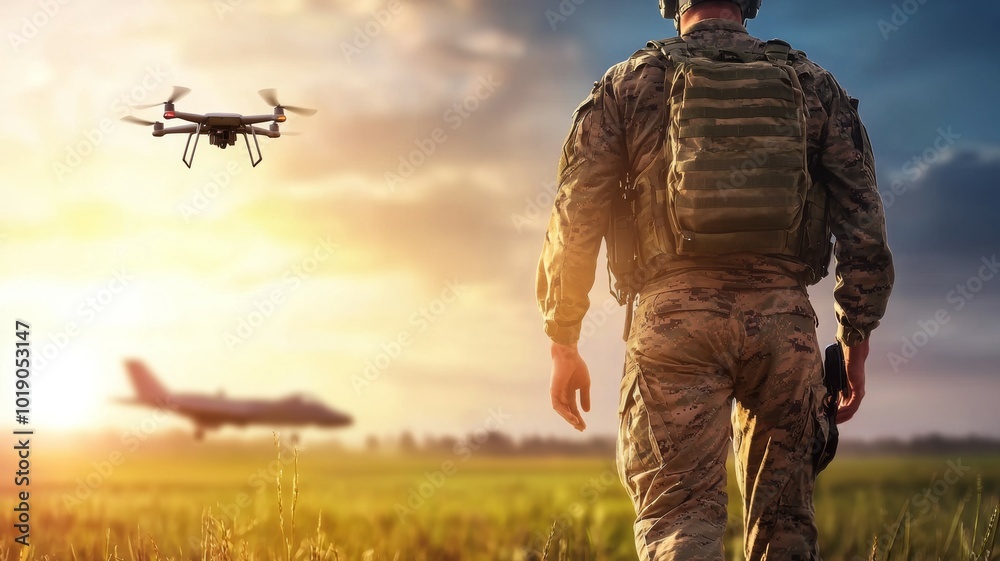Military personnel operates a drone at sunset near an airfield, capturing aerial reconnaissance during training Military personnel operates a drone at sunset near an airfield, capturing aerial reconnaissance during training