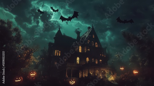 Dark Halloween night with bats flying over a haunted house and eerie glowing pumpkins