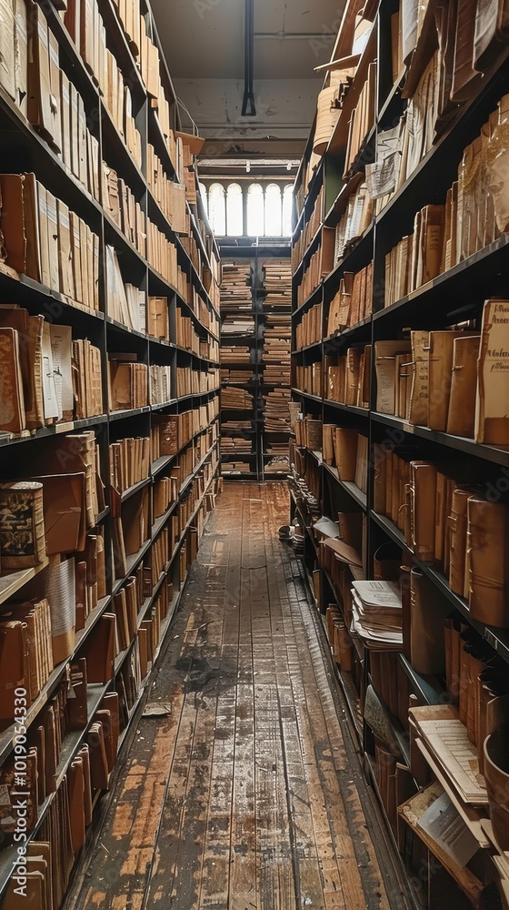 A neatly organized archive room filled with shelves of paper documents in a structured environment A neatly organized archive room filled with shelves of paper documents in a structured environment