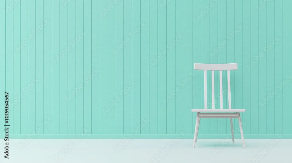 Serene Minimalism: White chair set against an aqua wall, creating a tranquil and balanced aesthetic with clean lines and soft contrast, copy space Serene Minimalism: White chair set against an aqua wall, creating a tranquil and balanced aesthetic with clean lines and soft contrast, copy space