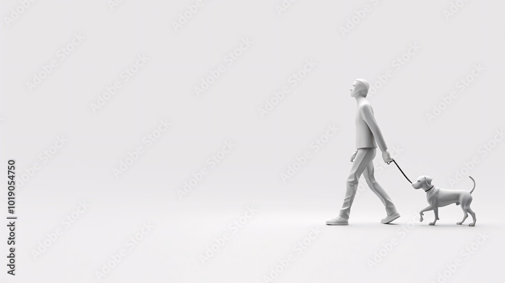Man Walking Dog on Leash: Minimalist 3D Render Man Walking Dog on Leash: Minimalist 3D Render