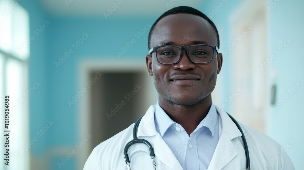 A smiling male doctor in a white coat with glasses poses confidently in a bright hospital corridor A smiling male doctor in a white coat with glasses poses confidently in a bright hospital corridor