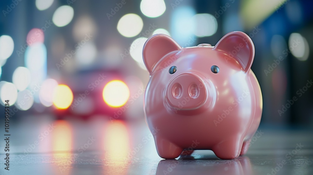 A pink piggy bank sits on a city street at nighttime with blurred lights creating a vibrant backdrop A pink piggy bank sits on a city street at nighttime with blurred lights creating a vibrant backdrop