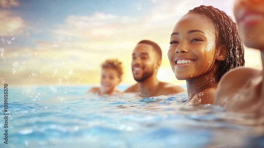 Family enjoying a joyful summer day swimming together in a clear blue pool at sunset Family enjoying a joyful summer day swimming together in a clear blue pool at sunset