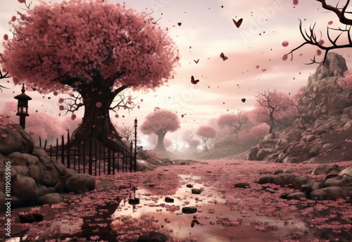 A tranquil landscape with cherry blossoms at sunset