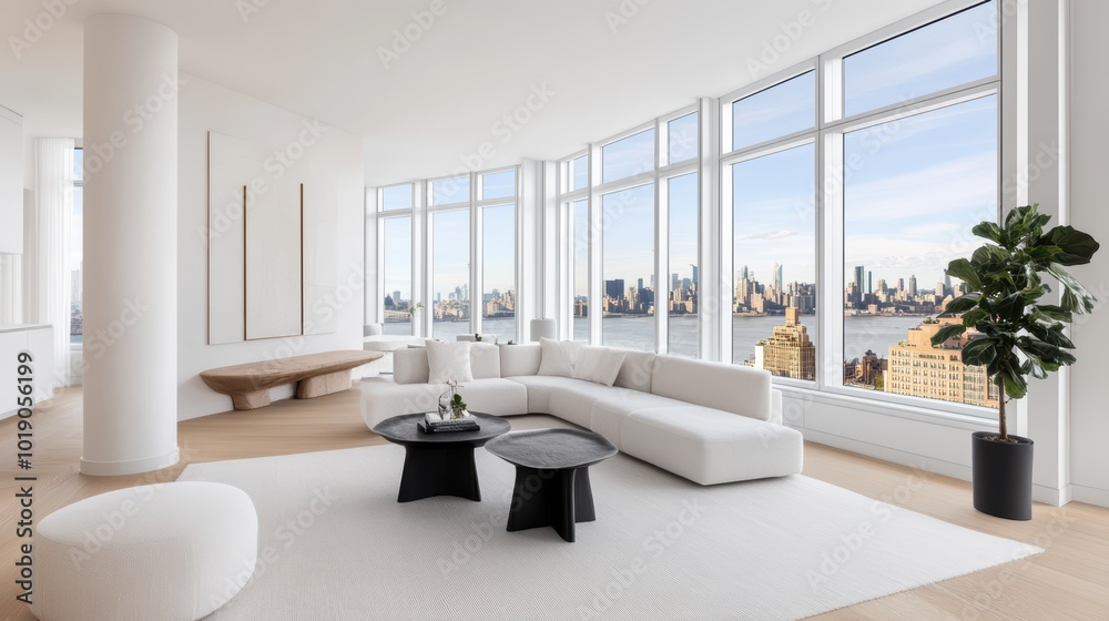 Fototapeta premium Modern Luxury Living: Panoramic City Views from a Spacious Penthouse Apartment, 3D render