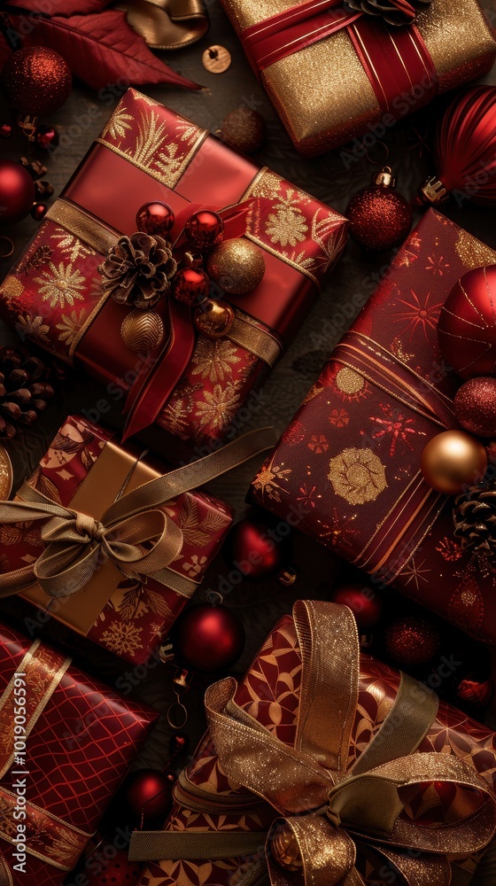 Fototapeta premium Luxurious red and gold Christmas presents artfully arranged for a festive holiday celebration