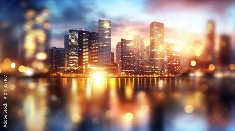 Vibrant skyline of a bustling city illuminated at dusk with reflections on the calm water below
