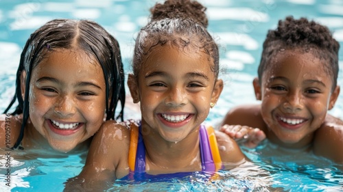 Joyful kids enjoying a fun day of swimming together in a bright blue pool during summer afternoon