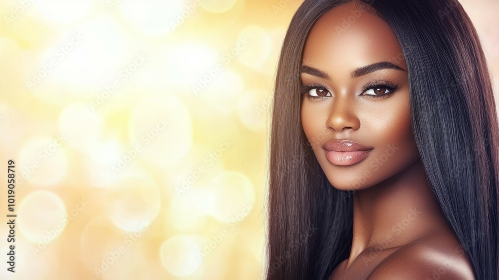 Elegant portrait of a woman with long hair smiling gracefully against a soft golden background Elegant portrait of a woman with long hair smiling gracefully against a soft golden background