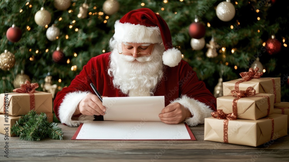 Santa Claus sits at his desk in a warm cabin, surrounded by gifts, as he prepares to write Christmas postcards for children’s holiday wishes Santa Claus sits at his desk in a warm cabin, surrounded by gifts, as he prepares to write Christmas postcards for children’s holiday wishes