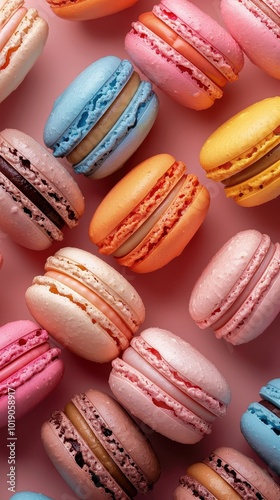 A colorful assortment of macaroons displayed beautifully on a pink surface