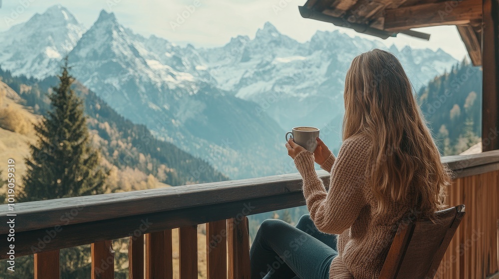 A young woman sip coffee on a wooden balcony while admiring the stunning mountain scenery.