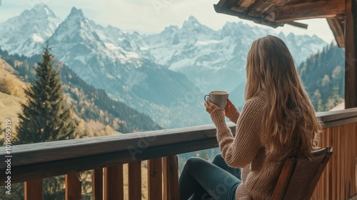 Obraz na płótnie A young woman sip coffee on a wooden balcony while admiring the stunning mountain scenery. w salonie