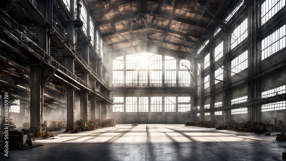 An abandoned industrial building with large windows and a beam of sunlight shining through. An abandoned industrial building with large windows and a beam of sunlight shining through.
