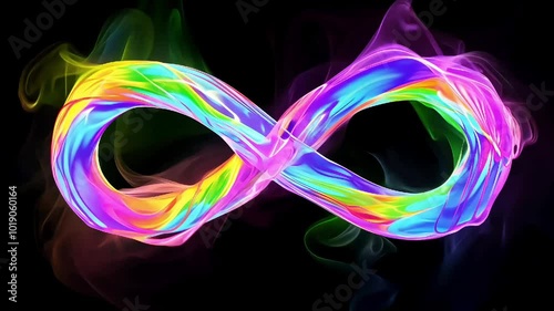 Vibrant infinity symbol made of swirling rainbow-colored light, glowing against a black background, representing endlessness and creativity