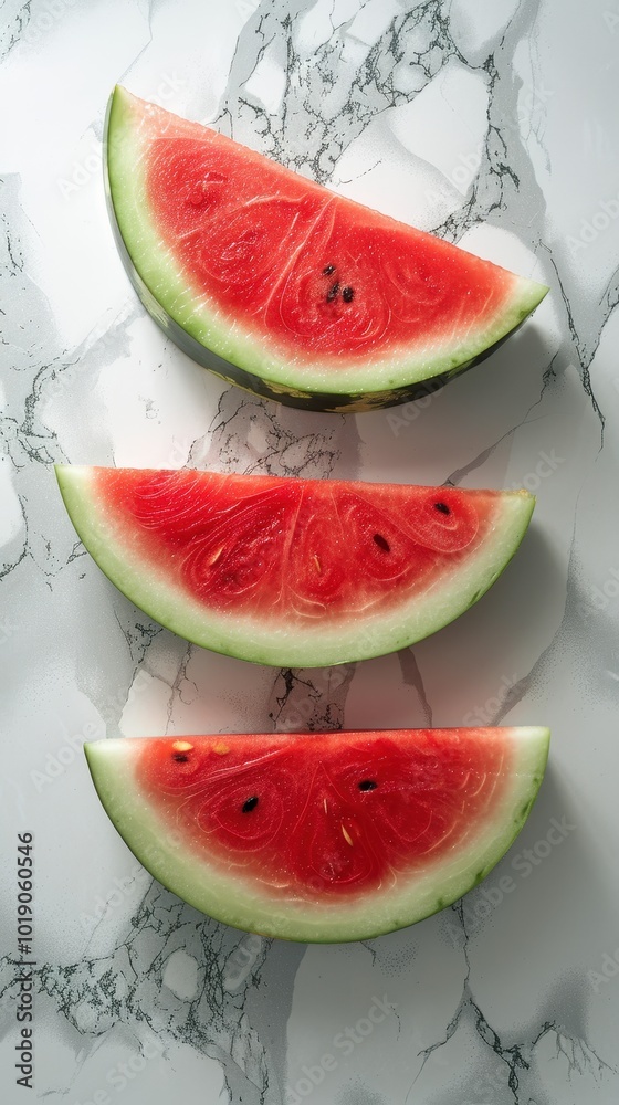 Three vibrant watermelon slices on a white marble surface, showcasing summer's natural sweetness Three vibrant watermelon slices on a white marble surface, showcasing summer's natural sweetness