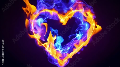 Fiery heart made of blue and orange flames, glowing brightly against a dark background, creating an intense and passionate visual effect