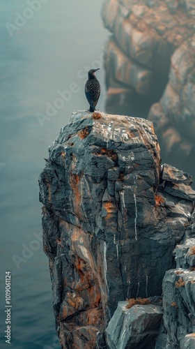 Wild bird perched on a rugged rock, harmonizing with its natural coastal habitat photo