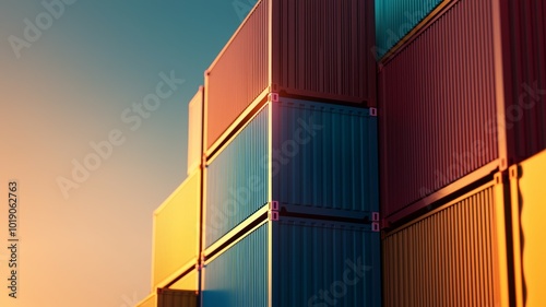 Colorful shipping containers stacked against a vibrant sunset at a port facility