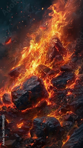 Fiery display of burning rocks and charcoal at night igniting the darkness with vibrant flames