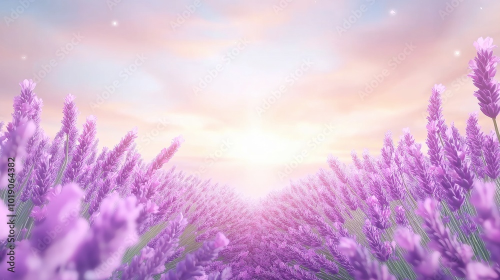 Fototapeta premium Lavender fields in full bloom at sunset – serene landscape for relaxation and inspiration