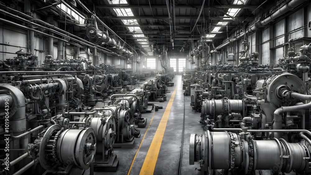 A large industrial warehouse with many large machinery in rows on the floor. A large industrial warehouse with many large machinery in rows on the floor.