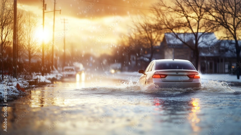 A car navigates through a flooded street during sunset amid heavy rain in a suburban neighborhood A car navigates through a flooded street during sunset amid heavy rain in a suburban neighborhood