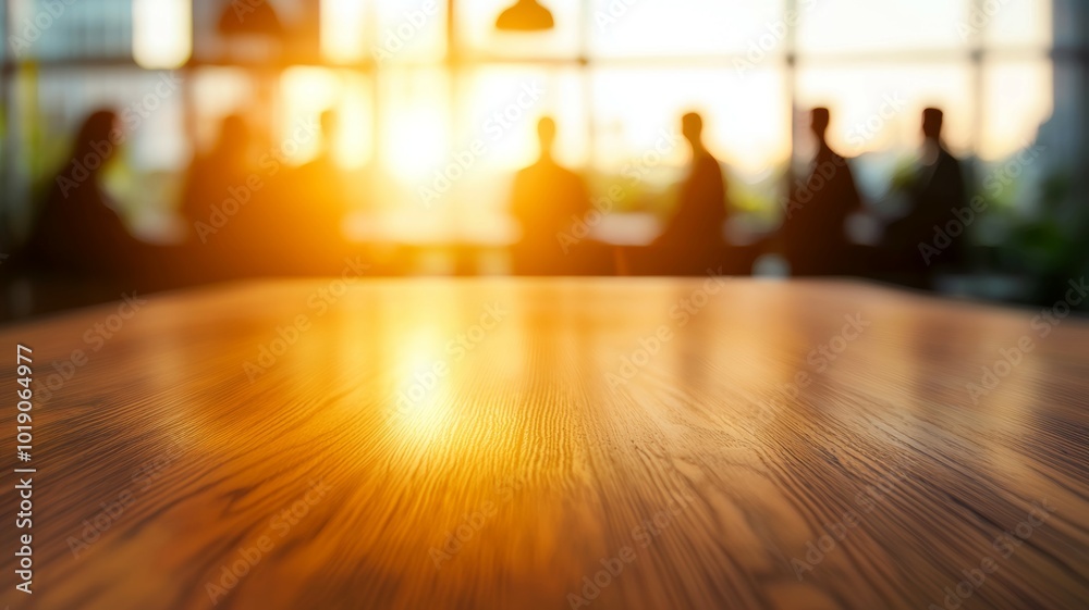 Silhouetted figures gathered around a wooden table during a sunset meeting in an urban setting Silhouetted figures gathered around a wooden table during a sunset meeting in an urban setting