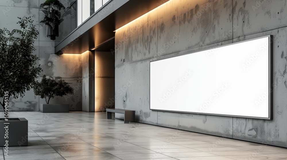a large white billboard in a building with a plant in the corner of the room a large white billboard in a building with a plant in the corner of the room