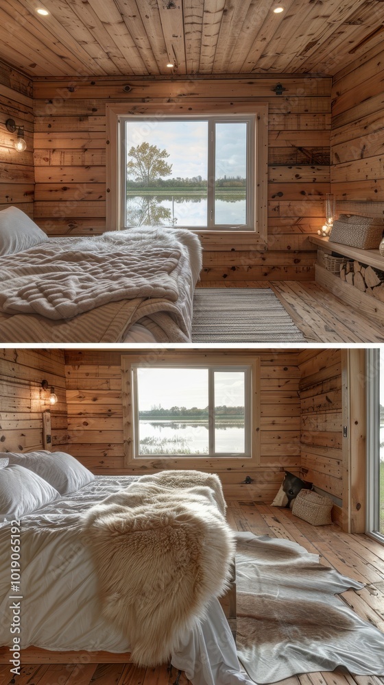 Cozy wooden room with a panoramic view of the countryside and warm bedding