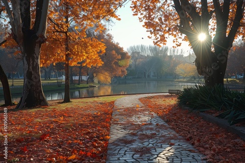 Stunning autumn park showcasing vibrant foliage and glorious sunlight in a natural setting