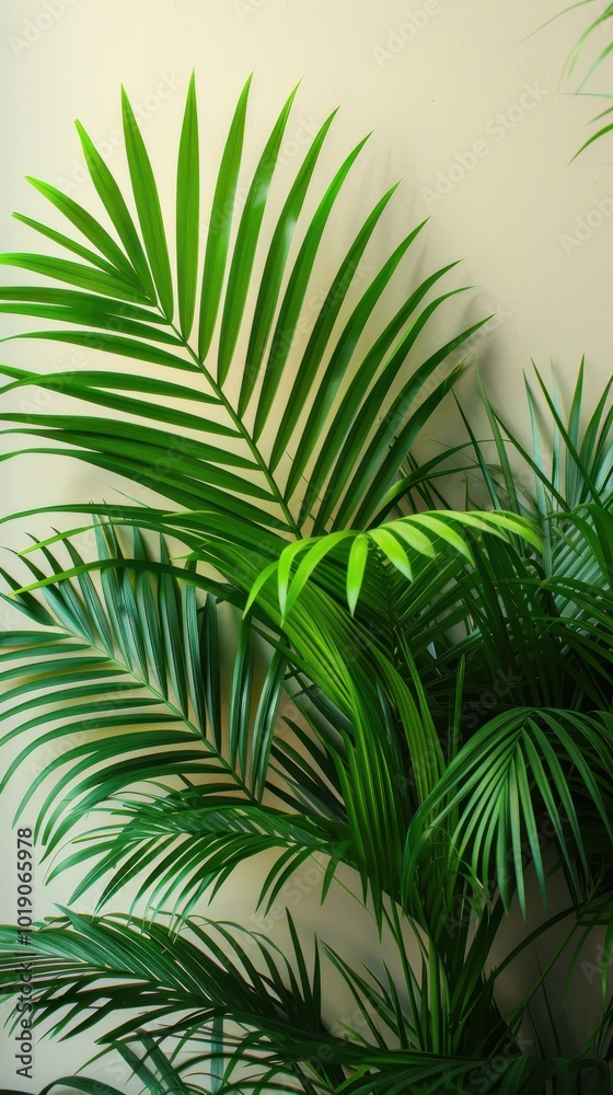 Lush green palm leaves creating a tropical indoor ambiance on a serene wall backdrop Lush green palm leaves creating a tropical indoor ambiance on a serene wall backdrop