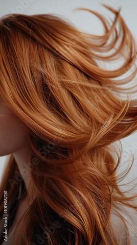 Close-up of a woman’s light brown hair flowing in the wind against a simple white backdrop