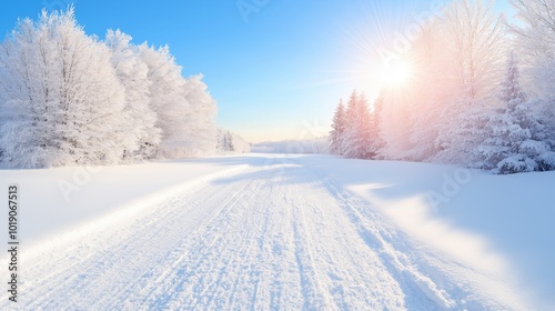 Serene winter landscape with a snow-covered road and sunlit trees