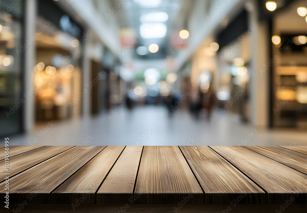 Empty wooden table with a blurred background design Empty wooden table with a blurred background design