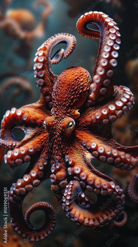 Fototapeta premium An octopus gracefully swims through ocean depths, showcasing its tentacles and unique shape