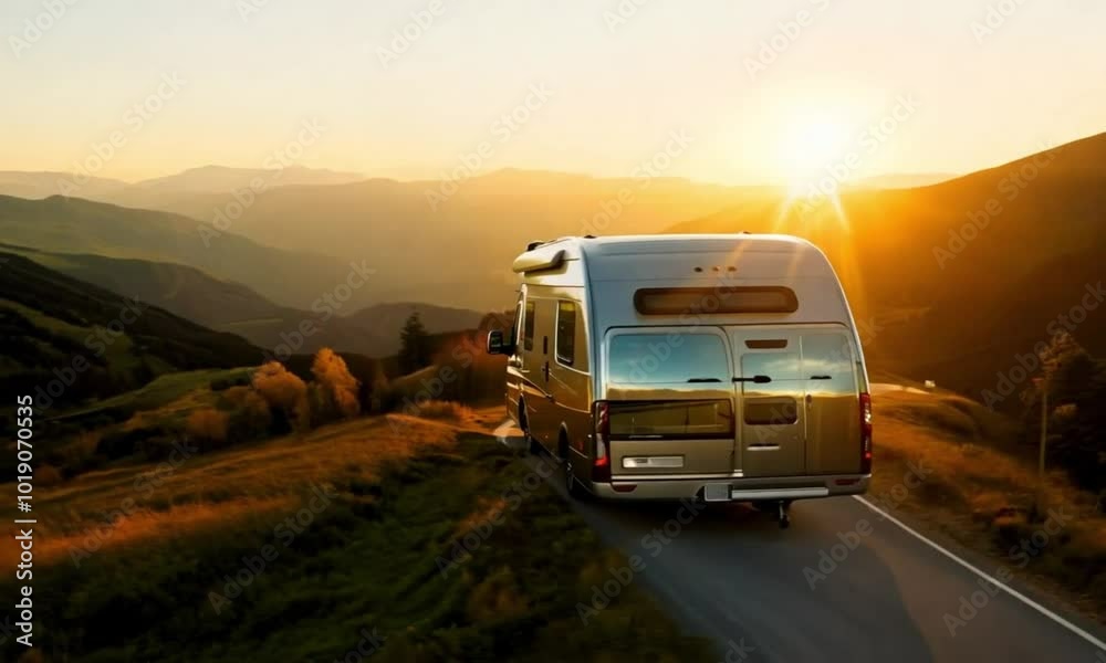 RV Motorhome Camper Van on Scenic Road Trip with Tourists Viewing Majestic Mountains at Sunset in a Beautiful Natural Landscape RV Motorhome Camper Van on Scenic Road Trip with Tourists Viewing Majestic Mountains at Sunset in a Beautiful Natural Landscape