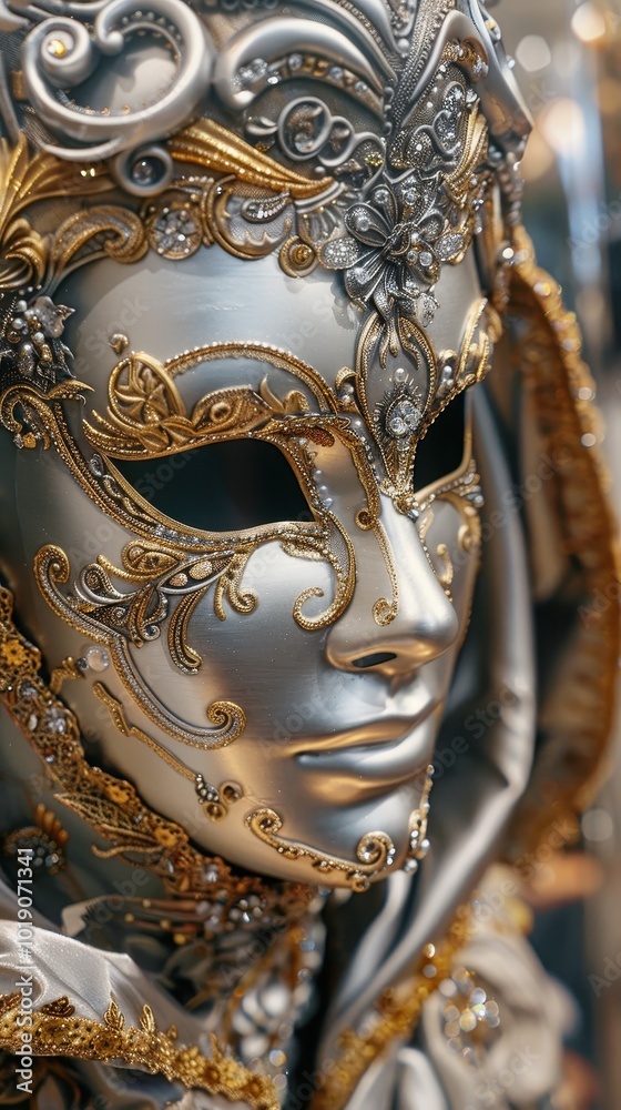 Intricately designed silver mask with gold ornamentation at a lively Purim carnival Intricately designed silver mask with gold ornamentation at a lively Purim carnival