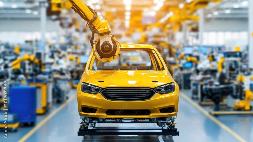A robotic arm assembling a yellow car in a bustling automotive factory. A robotic arm assembling a yellow car in a bustling automotive factory.