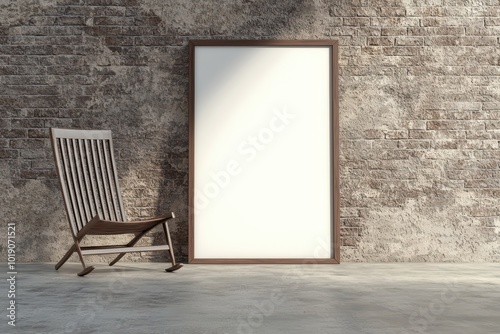 A rustic interior scene featuring a wooden chair beside a blank frame on a textured brick wall.