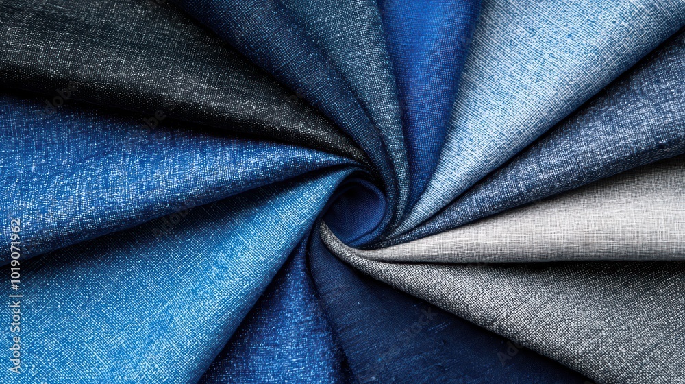 Naklejka premium A swirling pattern of various shades of blue and gray fabric, showcasing a textile design perfect for fashion and interior projects.