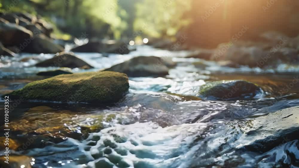 A peaceful stream flows through a sunlit forest, with water gently cascading over moss-covered rocks.