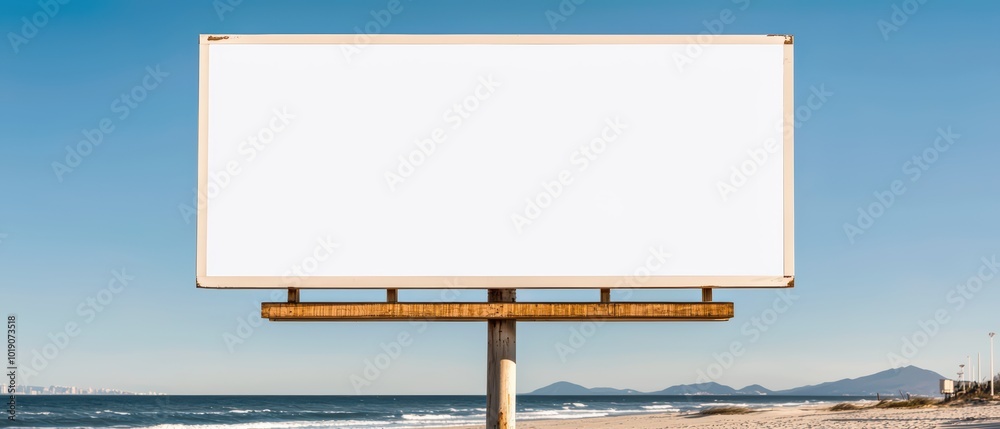 Fototapeta premium Blank billboard on beach, ready for advertisement, clear sky and ocean in the background, modern outdoor marketing concept.